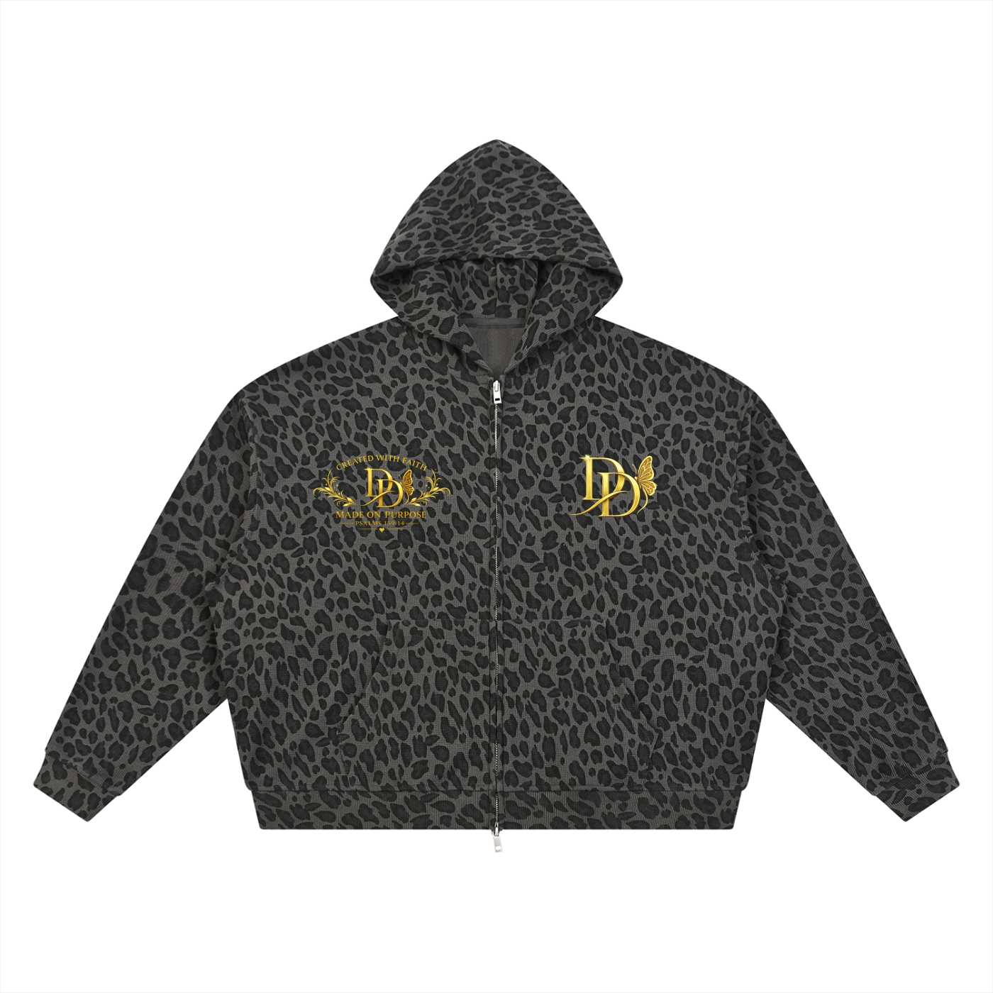 Unisex Leopard Print Waffle Full Zip Hoodie