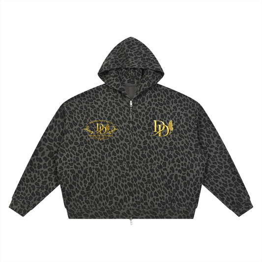Unisex Leopard Print Waffle Full Zip Hoodie
